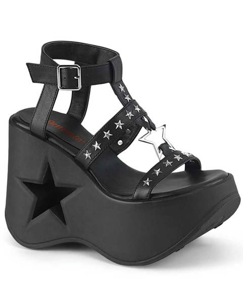 DEMONIA Cult — Sandales Compensées DYNAMITE-12 Demonia : Brides Multiples, Rivets Étoiles et Plateforme Sculptée
