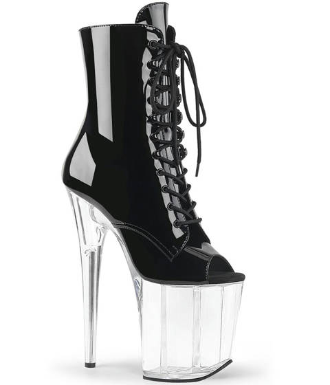 Pleaser — FLAMINGO-1021 : Bottines Open-Toe à Talon Vertigineux – semelle transparente dessus noir