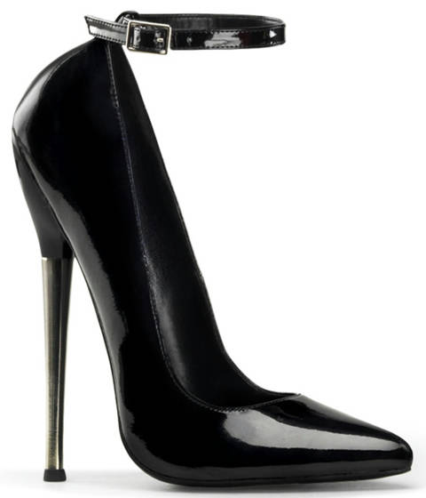 Devious — Escarpins Fétichistes DAGGER-12 Talon Laiton et Bride Cheville – Noir Vernis