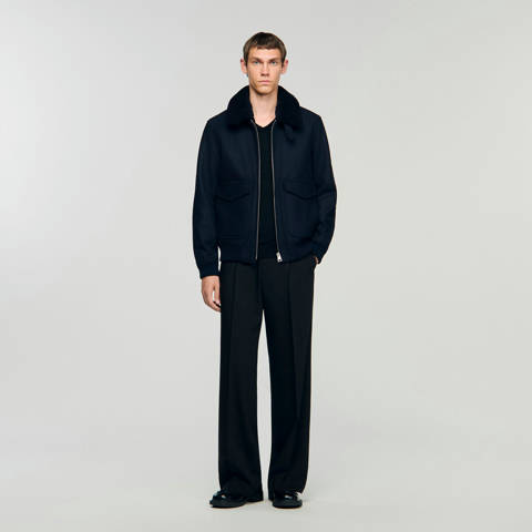 Sandro — Blouson en laine col amovible – Marine