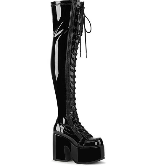 DEMONIA Cult — CAMEL-300 : Cuissardes Gothiques à Talon Épais et Plateforme Lacée – Noir Vernis