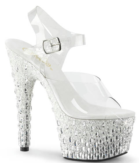 Pleaser — ADORE-708MR-5 : Sandales Cristal et Plateau Pailleté Blanc