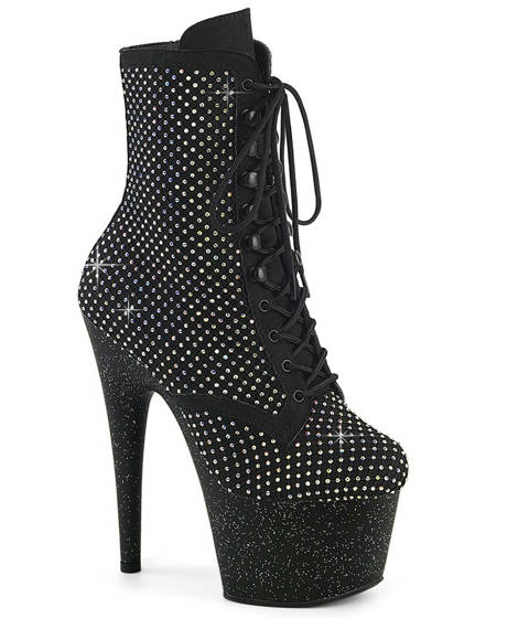 Pleaser — ADORE-1020RM : Bottines Lacées à Plateforme Pailletée et Résille – Noir