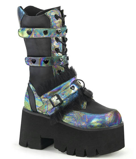 DEMONIA Cult — Bottes gothiques à plateforme et cœurs irisés verts