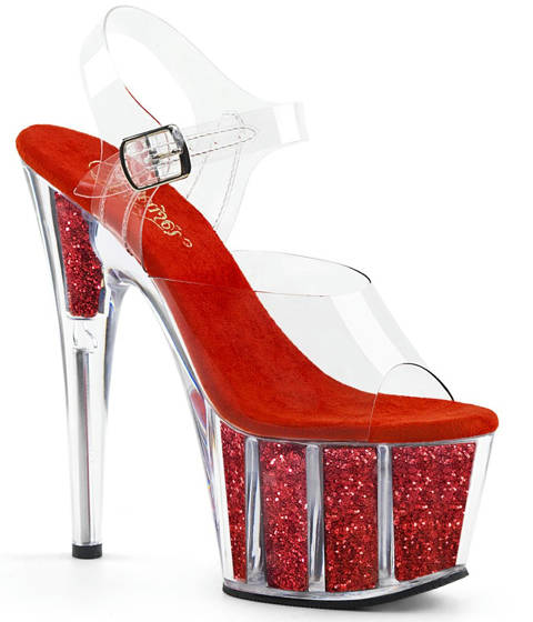 Pleaser — ADORE-708G : Sandales Transparentes à Plateforme Pailletée – Rouge
