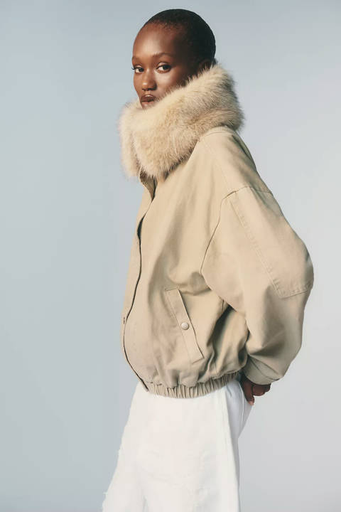 Anthropologie — Veste bomber en denim doublée de fausse fourrure Pilcro