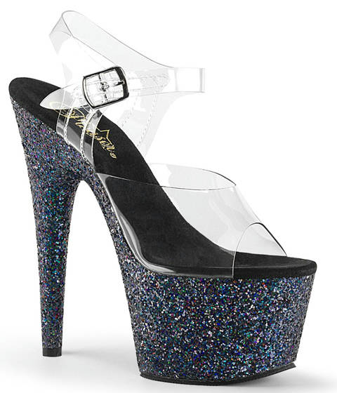 Pleaser — ADORE-708LG : Sandales Transparentes à Plateforme de Paillettes Holographiques – Noir