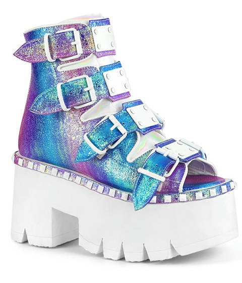 DEMONIA Cult — Sandales gothiques montantes à plateforme et brides cloutées – multicolors