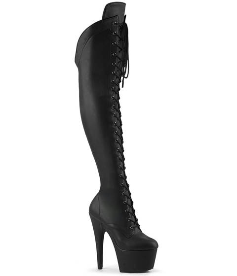 Pleaser — ADORE-3014 : Cuissardes Lacées à Plateforme et Découpe Asymétrique – Noir Mat