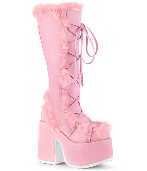 DEMONIA Cult — Bottes à plateforme et lacets bordées de fausse fourrure – Rose
