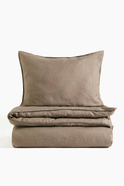 H&M Home — Parure de couette lit simple en lin – Taupe/Blanc/Beige