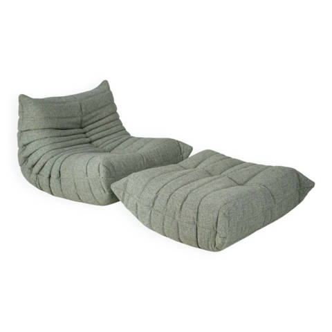 Selency — Ensemble de fauteuil et pouf Togo en tweed mélangé.
