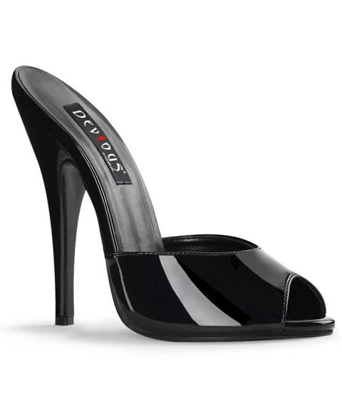 Devious — Mules à Talon Aiguille DOMINA-101 : L'Essence de la Cambrure Fétichiste par Devious – Noir Vernis