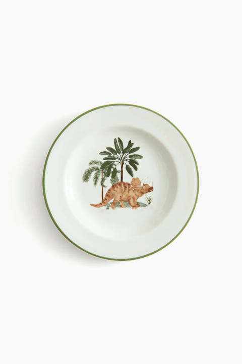 H&M Home — Assiette pour enfant en porcelaine – Blanc/dinosaure