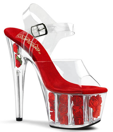 Pleaser — ADORE-708FL : Sandales Transparentes à Plateforme Fleurs RougesADORE-708FL : Sandales Transparentes à Plateforme Fleurs Rouges
