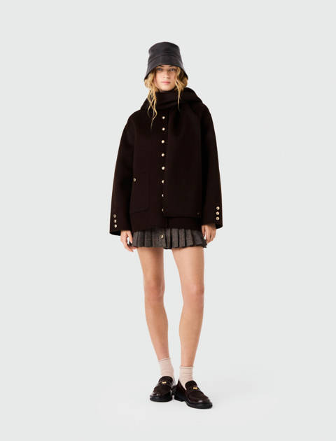 Maje — Manteau en laine à écharpe amovible – Marron fonce