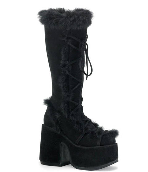 DEMONIA Cult — Bottes à plateforme et lacets bordées de fausse fourrure – Noir
