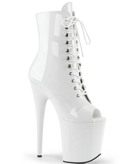 Pleaser — FLAMINGO-1021 : Bottines Open-Toe à Talon Vertigineux – Blanc vernis