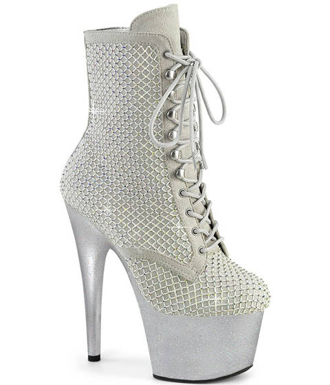 Pleaser — ADORE-1020RM : Bottines Lacées à Plateforme Pailletée et Résille – Argent