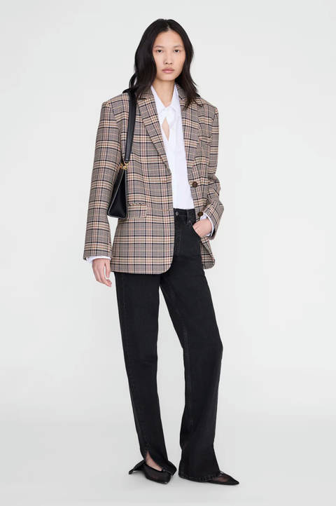 Anine Bing — Quinn Blazer - Beige And Navy Checks