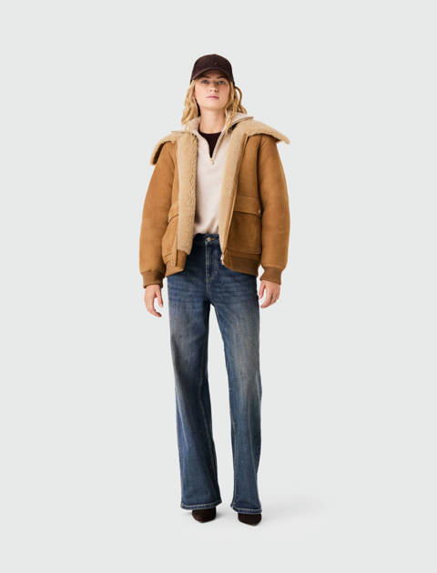 Maje — Blouson en peau lainée – Beige