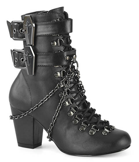 DEMONIA Cult — Bottines gothiques noires à boucles cercueil et chaînes