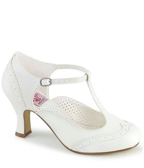 PINUP Couture — Escarpins à Bride en T FLAPPER-26 Style Wingtip Perforé – Blanc Mat