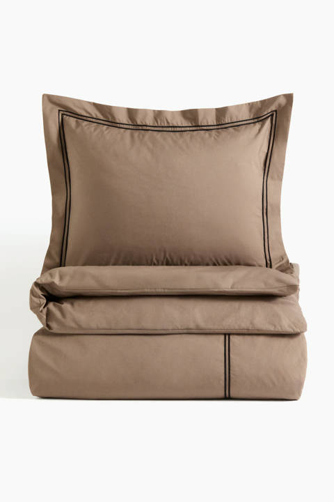 H&M Home — Parure de couette lit simple en percale de coton – Taupe/Blanc/noir/Blanc