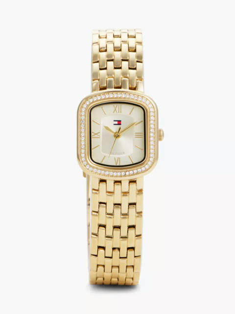 Tommy Hilfiger — Montre à cadran rectangulaire plaqué or et lunette en cristal