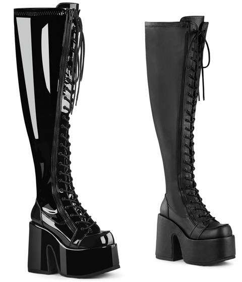 DEMONIA Cult — CAMEL-300WC : Cuissardes Stretch Gothiques pour Mollets Larges – Noir Vernis