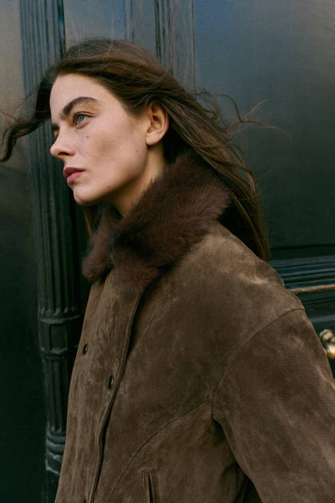 Zara — Blouson rembourré 100% cuir col effet fourrure