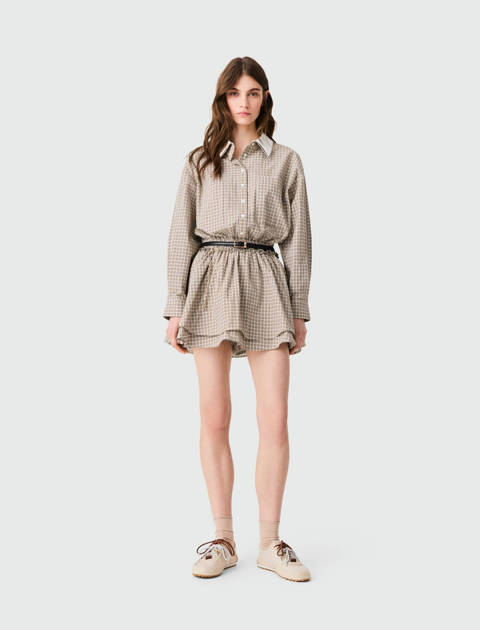 Maje — Robe courte à carreaux strassée – Beige