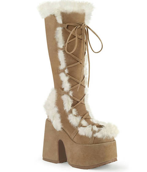 DEMONIA Cult — Bottes à plateforme et lacets bordées de fausse fourrure – caramel