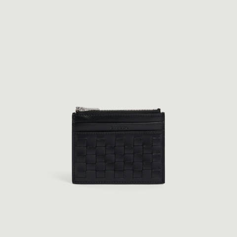 Sandro — Porte-cartes zippé en cuir tressé – Noir
