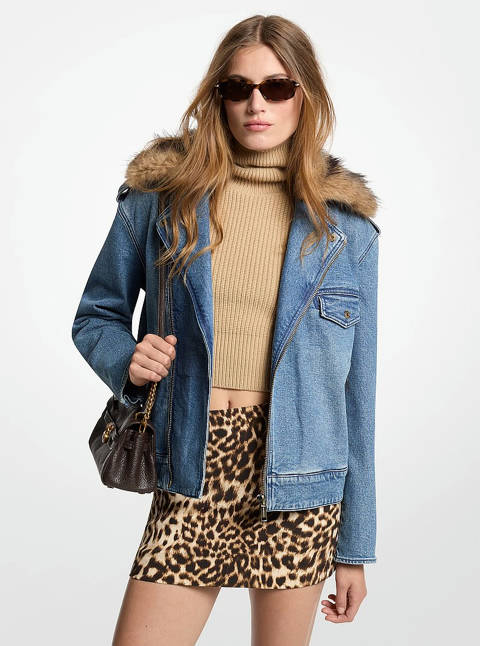 Michael Kors — Michael Kors Veste de moto en denim à col en fausse fourrure