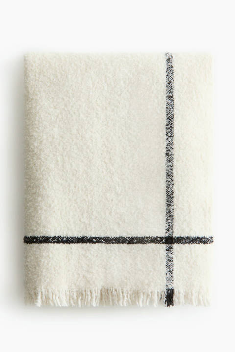 H&M Home — Plaid en bouclette de laine mélangée – Ivoire/motif quadrillé/Beige/carreaux