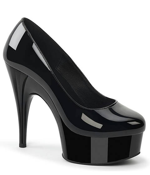 PLEASER Pink Label — Escarpins noirs vernis à très hauts talons, grandes pointures