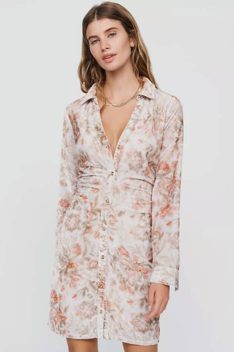 Anthropologie — Robe-chemise froncée en velours floral Greer Pilcro