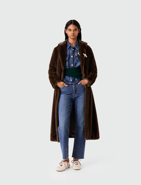 Maje — Manteau long en fausse fourrure – Marron fonce