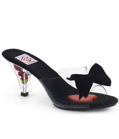 PINUP Couture — Mules Rétro BELLE-301BOW : Nœud en Velours et Talon Transparent Fleuri