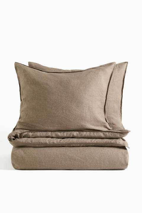 H&M Home — Parure de couette lit double King size en lin – Taupe/Blanc/Beige