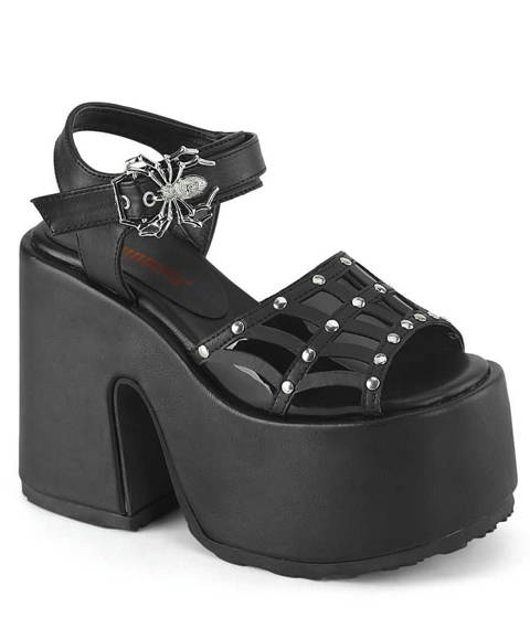 DEMONIA Cult — Sandales à Plateforme CAMEL-17 Demonia : L'Esthétique Dark et le Détail Spider Web