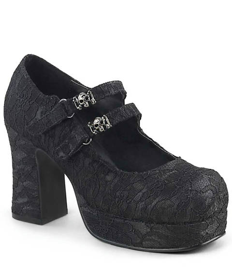 DEMONIA Cult — Mary Jane GOTHIKA-09 : L'Alliance de la Dentelle Noire et des Skulls Métalliques – Noir satin