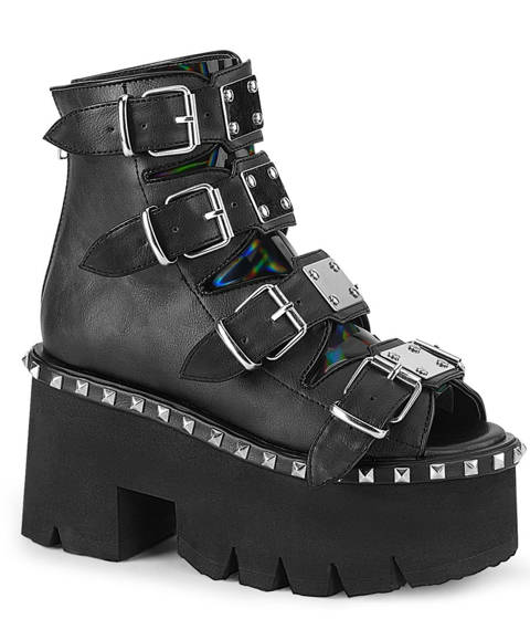 DEMONIA Cult — Sandales gothiques montantes à plateforme et brides cloutées – Noir