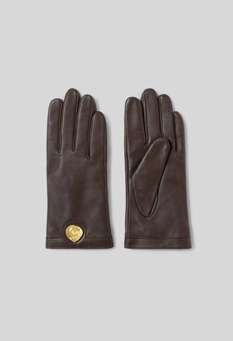 Claudie Pierlot — Gants cuir lisse d'agneau bijou doré – Chocolat