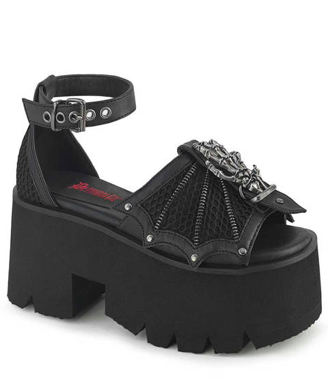 DEMONIA Cult — Sandales Plateforme ASHES-11 Demonia Cult : L'Esprit Batwing et Boucle Squelette