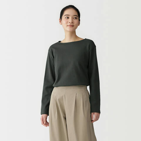 MUJI — T‐shirt en coton épais manches longues col bateau pour femme