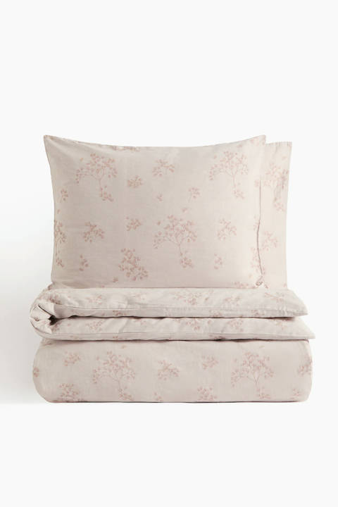 H&M Home — Parure de couette King size en coton à motif – Grège clair/fleuri