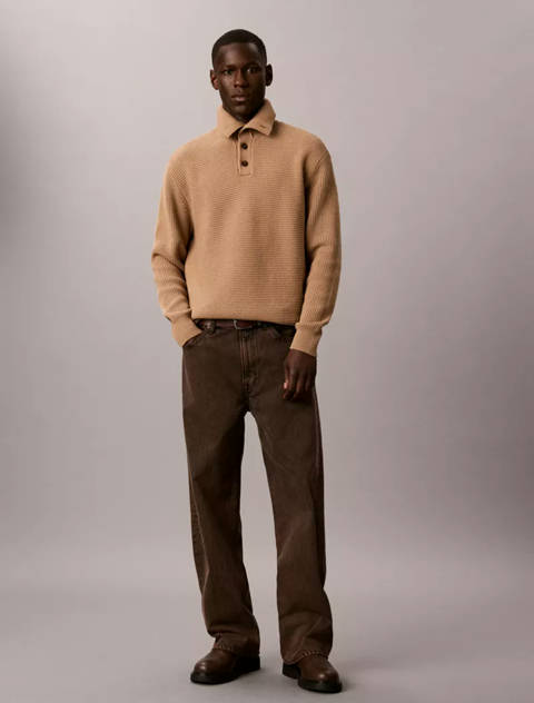 Calvin Klein — Pull en coton et laine avec col boutonné