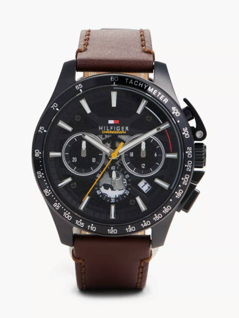 Tommy Hilfiger — Montre à cadran noir et bracelet en cuir marron